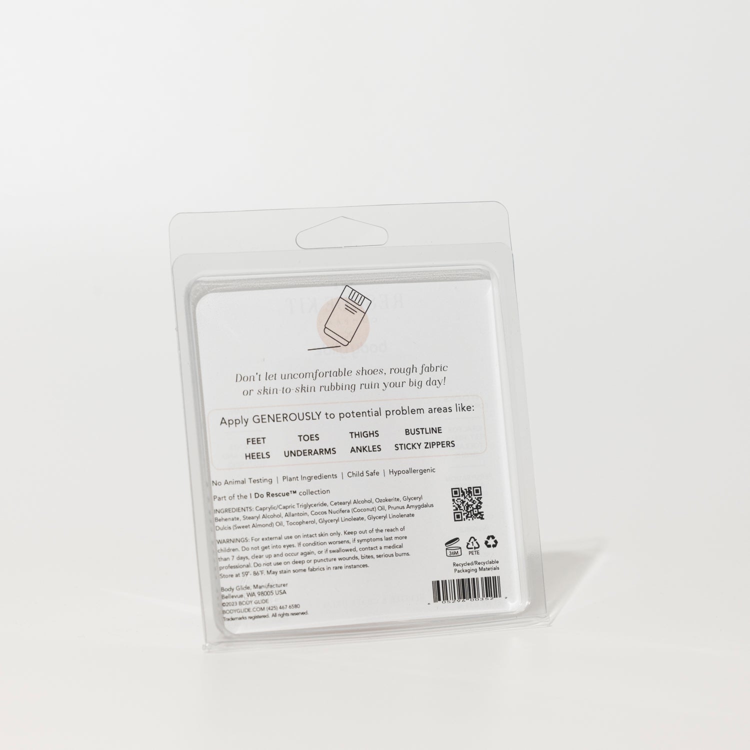 Back of The Rescue Kit Company x Body Glide blister and chafe balm and white plastic packaging showing usage instructions, ingredients, and product benefits for sensitive skin.