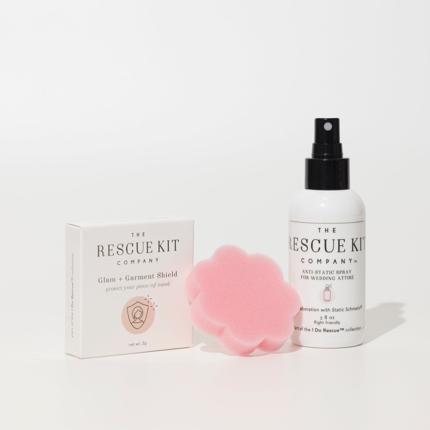 The Event Trio by The Rescue Kit Company, containing Anti-Static Spray,
pink Deodorant Removing Sponge, Glam + Garment Shield.