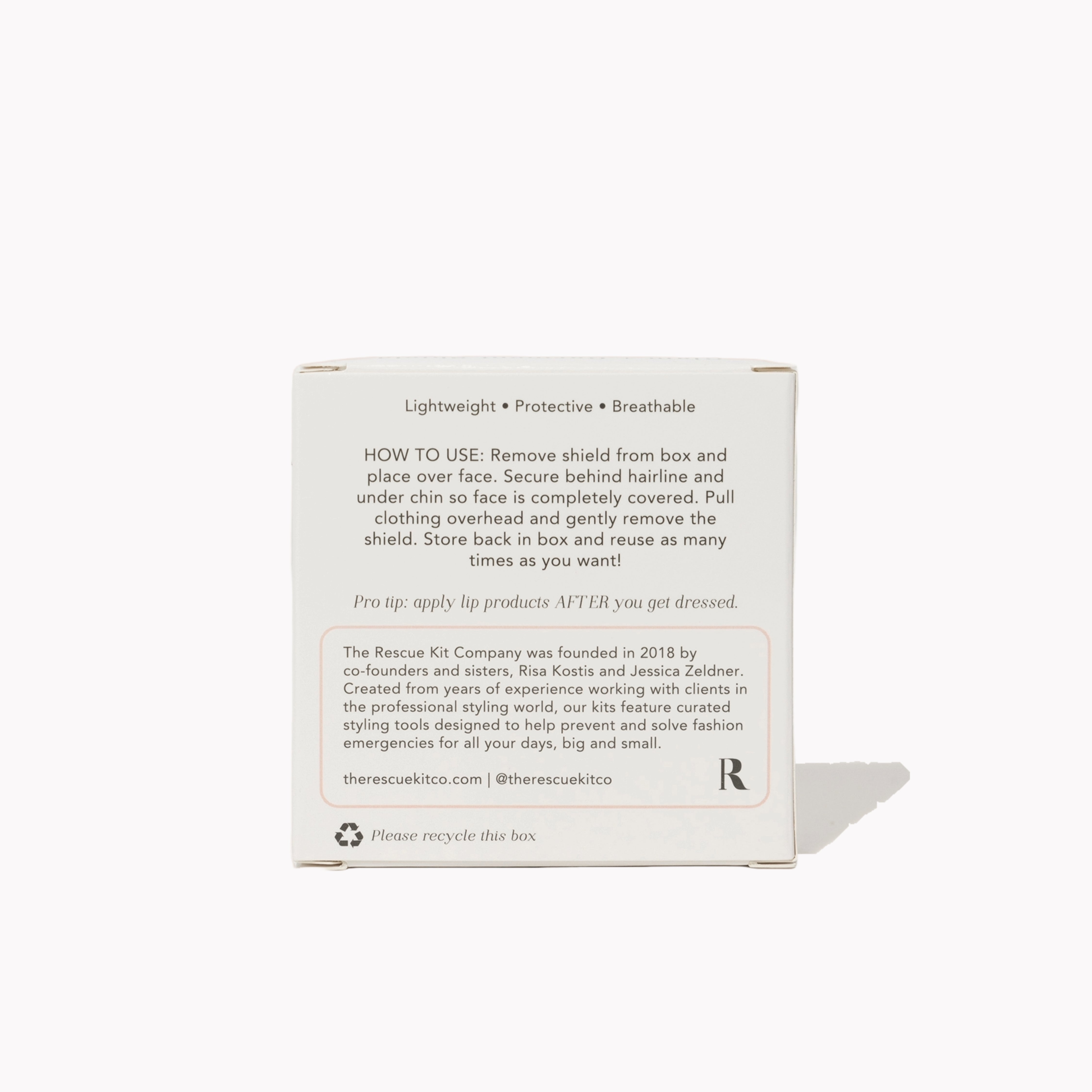 Exterior box of the Glam + Garment Shield by The Rescue Kit Company. Back of white box.