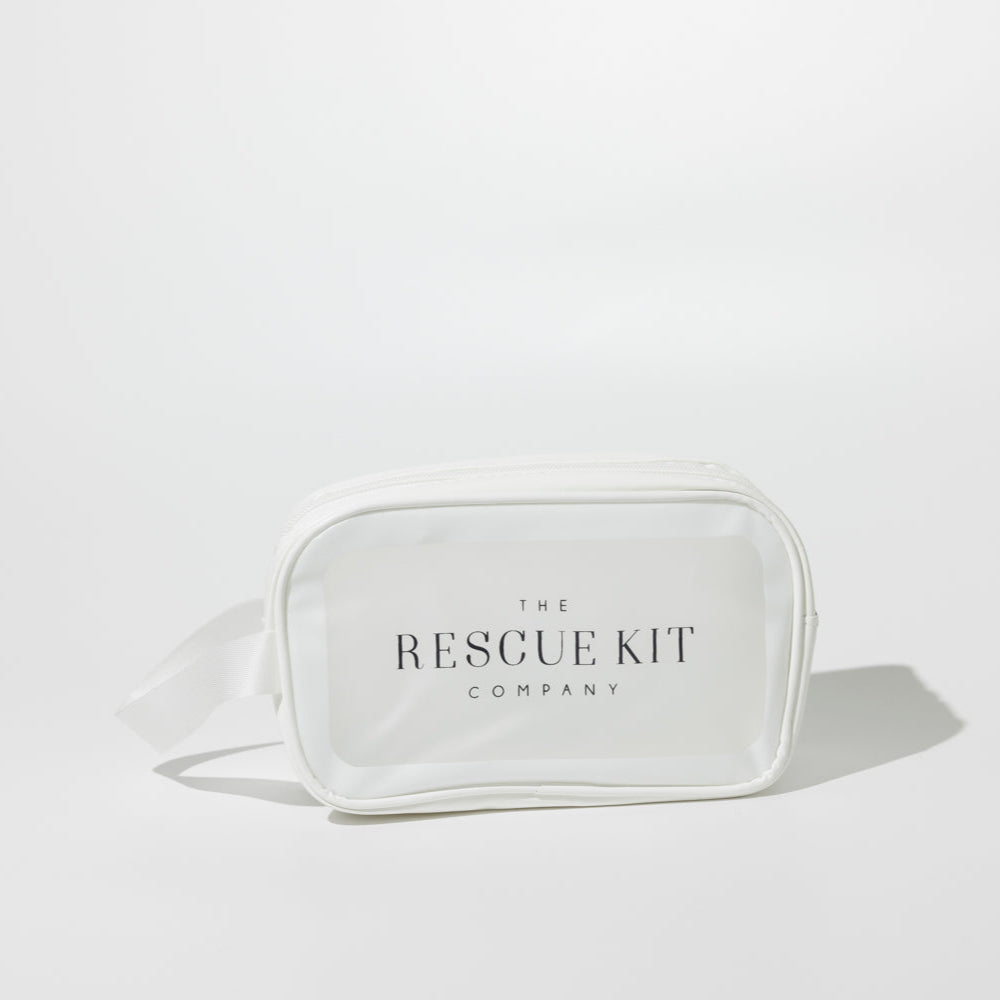Clear bag with white strap labeled 'The Rescue Kit Company' on a light gray background.
