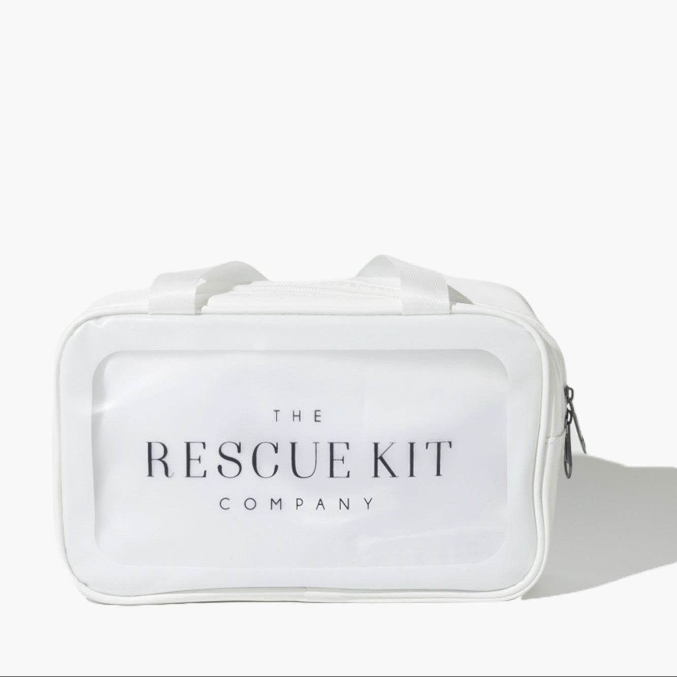 The Bridesmaid Kit by The Rescue Kit Company, white cosmetic bag with black logo.