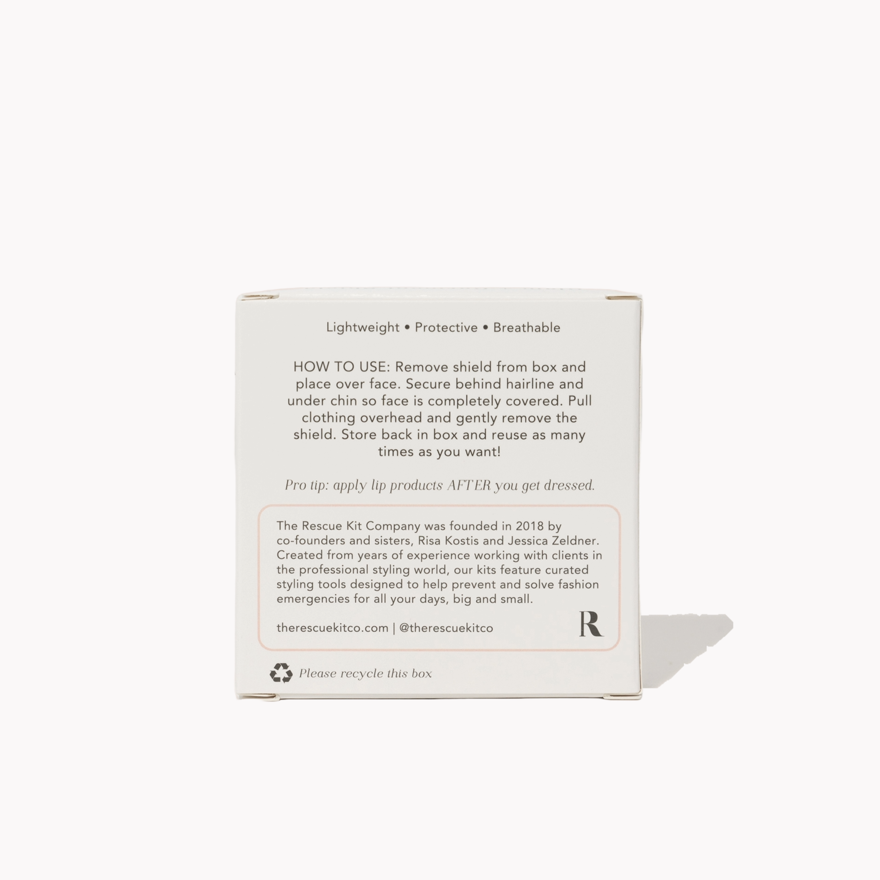 Back of a face shield packaging with text on a white background