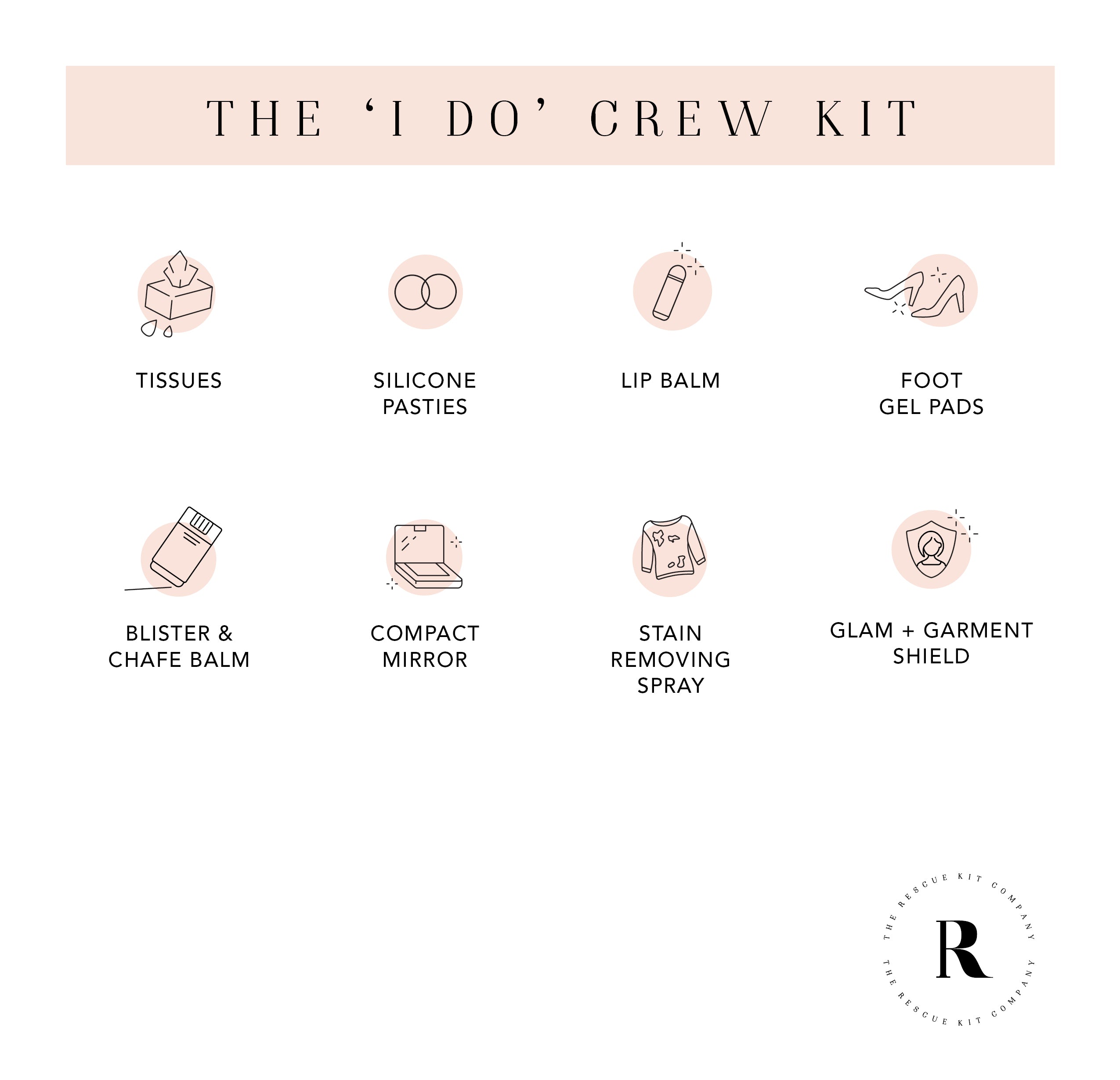 Contents of The ‘I Do’ Crew Kit displayed as icons, including tissues, silicone pasties, lip balm, foot gel pads, chafe balm, compact mirror, stain remover, and garment shield.