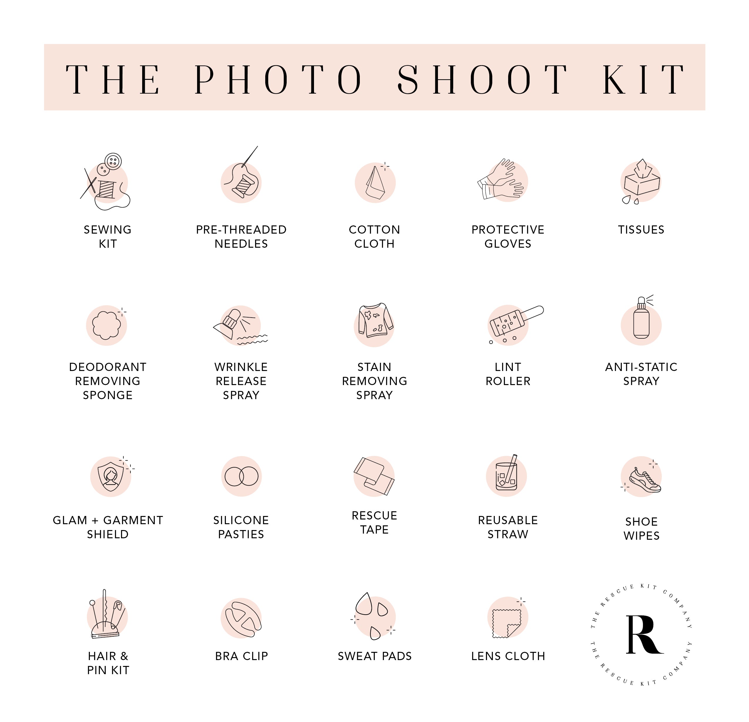 Contents of The Rescue Kit Company Photo Shoot Kit displayed as icons, including fashion tape, lint roller, wrinkle spray, sewing kit, gloves, tissues, and more.