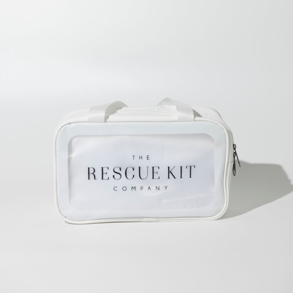 The Bridesmaid Kit by The Rescue Kit Company, white cosmetic bag with black logo.