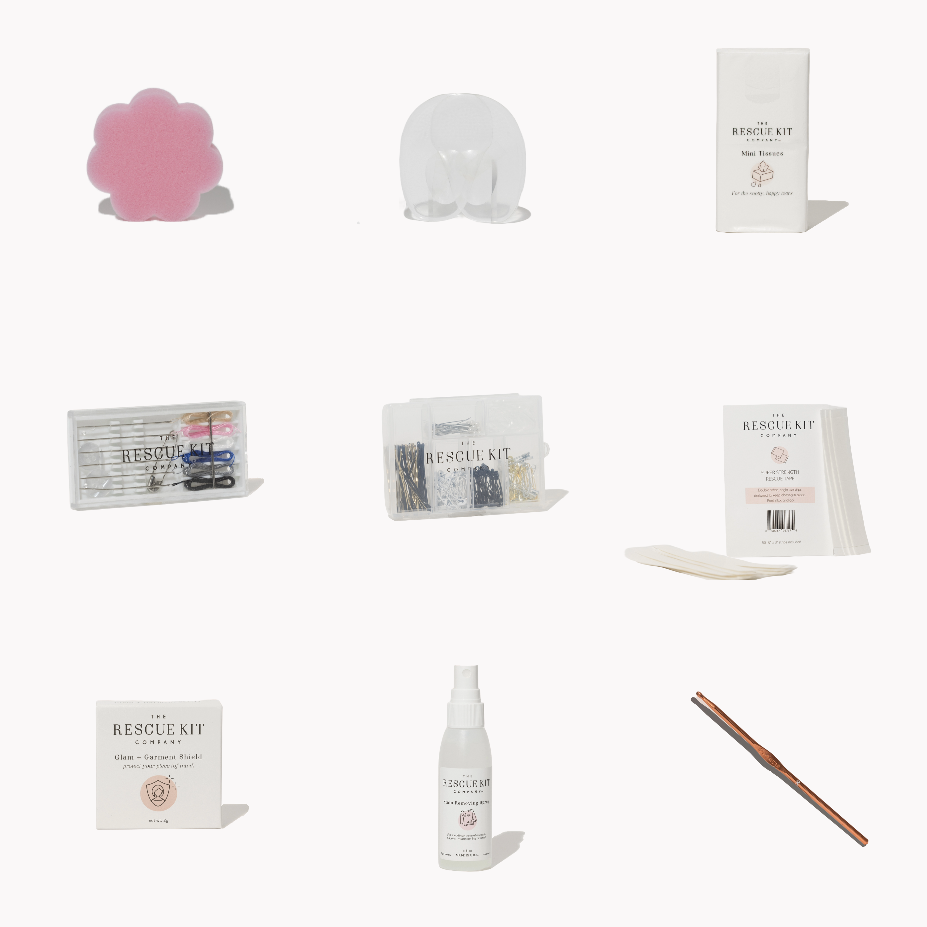 Collection of products including a pink sponge, white lamp, and various boxes on a white background.