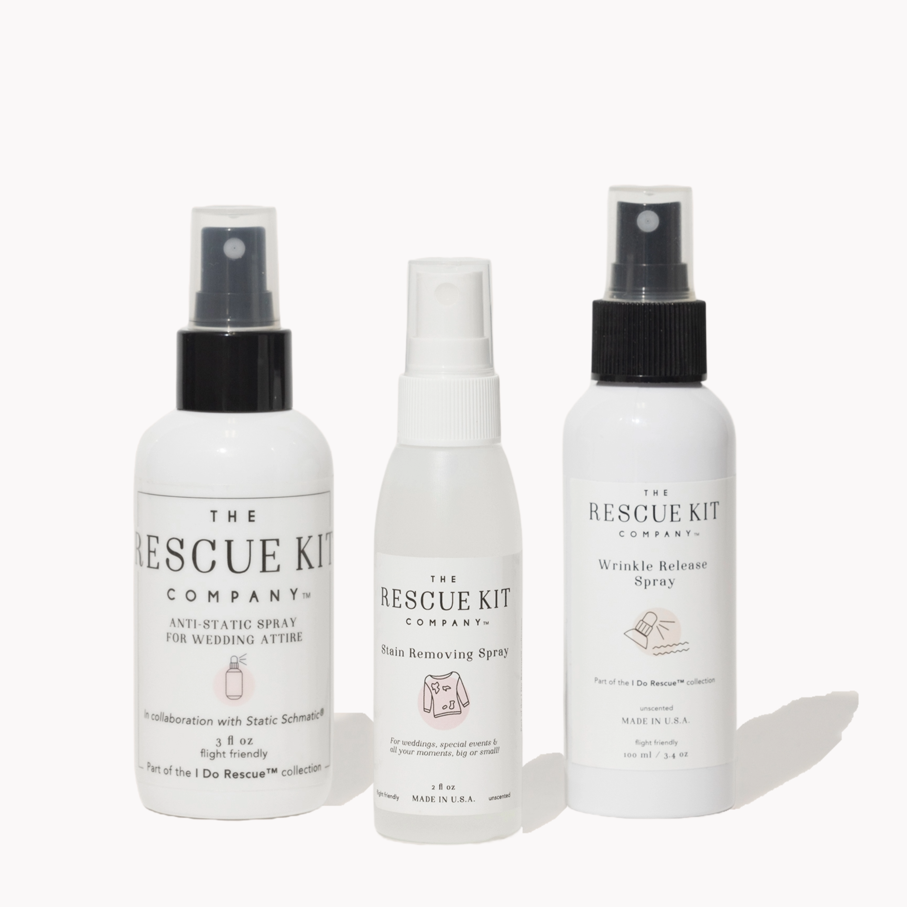 Three bottles of The Rescue Kit Company products on a white background
