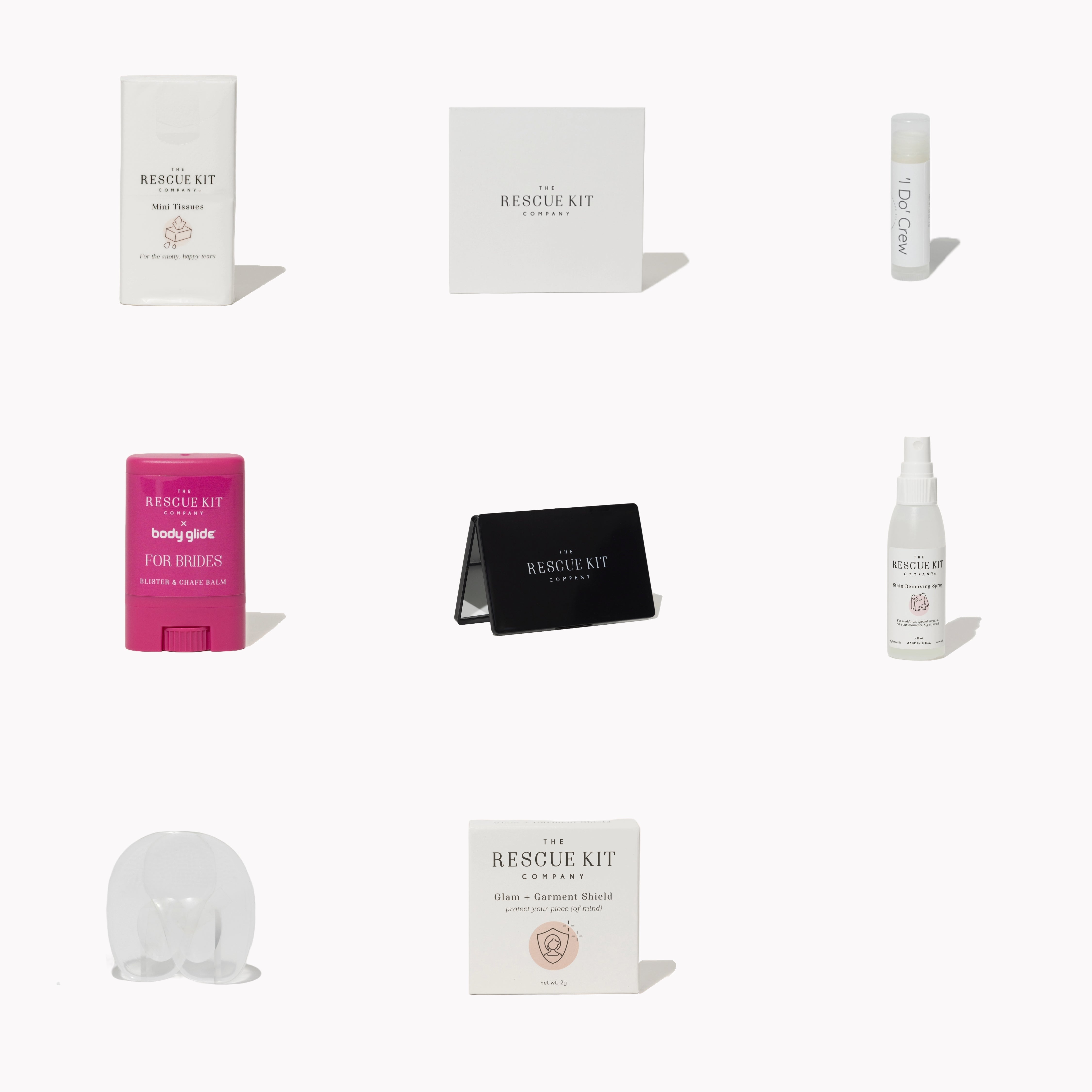 Contents of The ‘I Do’ Crew Kit displayed as icons, including tissues, silicone pasties, lip balm, foot gel pads, chafe balm, compact mirror, stain remover, and garment shield.