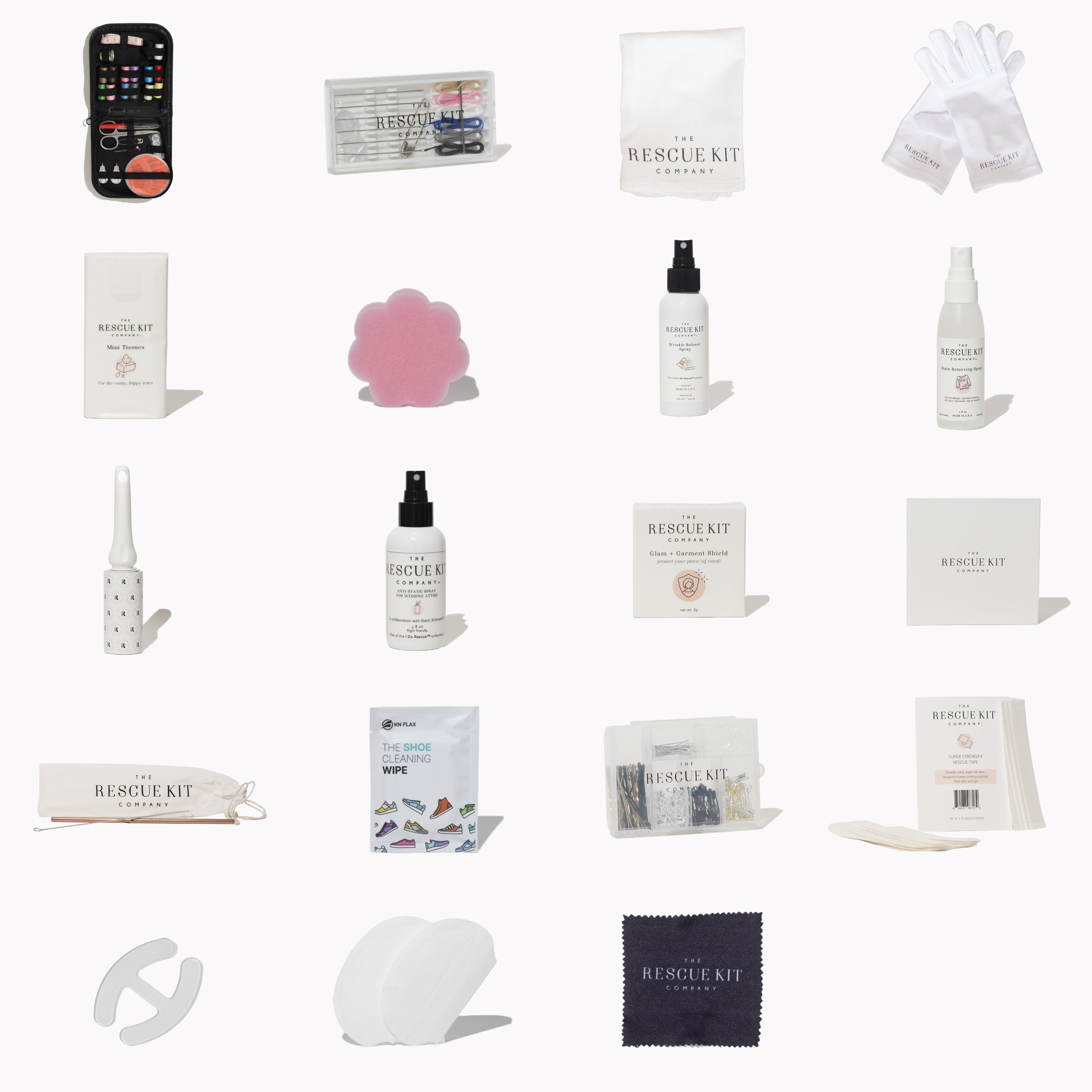 Contents of The Rescue Kit Company Photo Shoot Kit displayed as icons, including fashion tape, lint roller, wrinkle spray, sewing kit, gloves, tissues, and more.