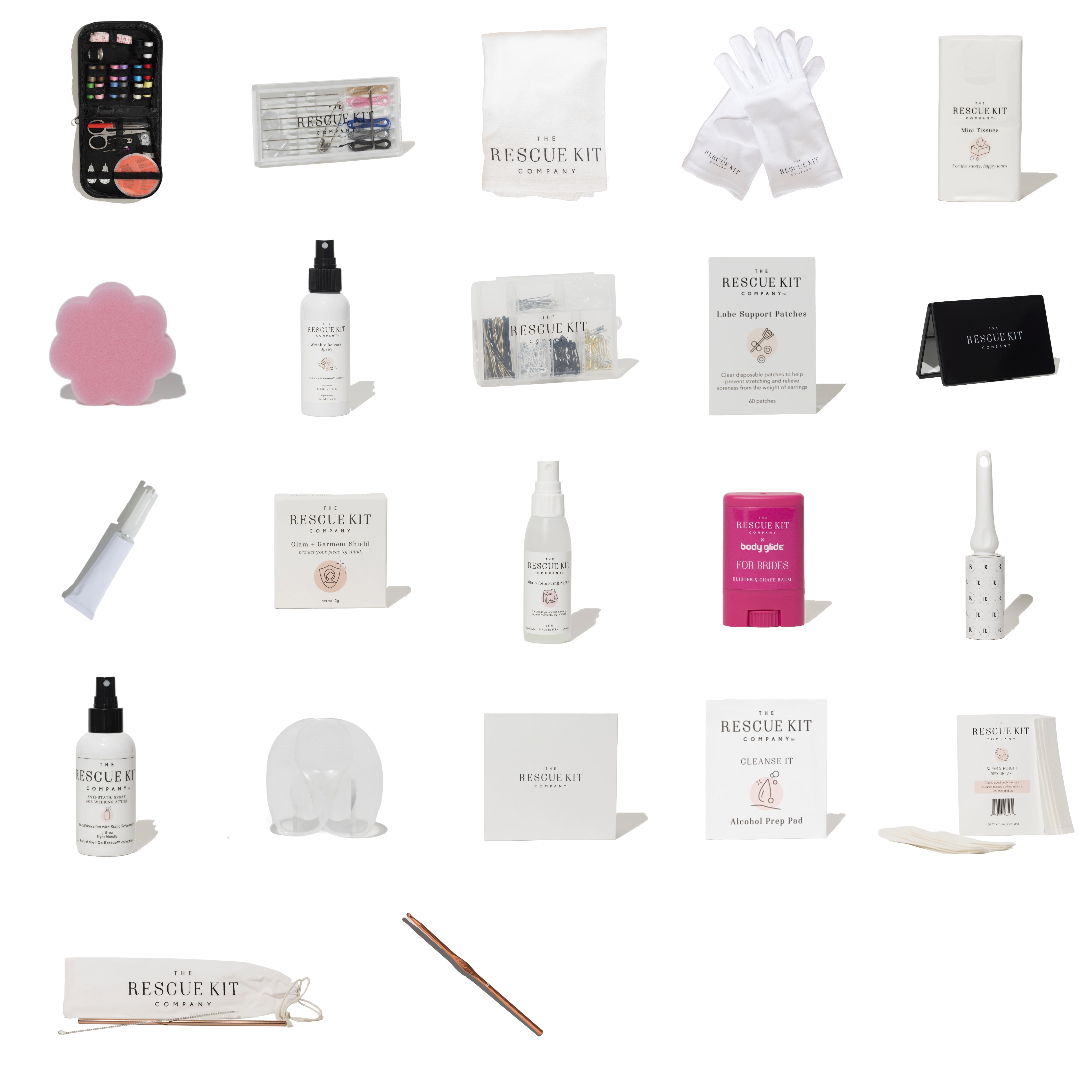 Contents of The Bride Kit by The Rescue Kit Company displayed as icons, including tools like fashion tape, sewing kit, wrinkle spray, blotting sponge, and more.
