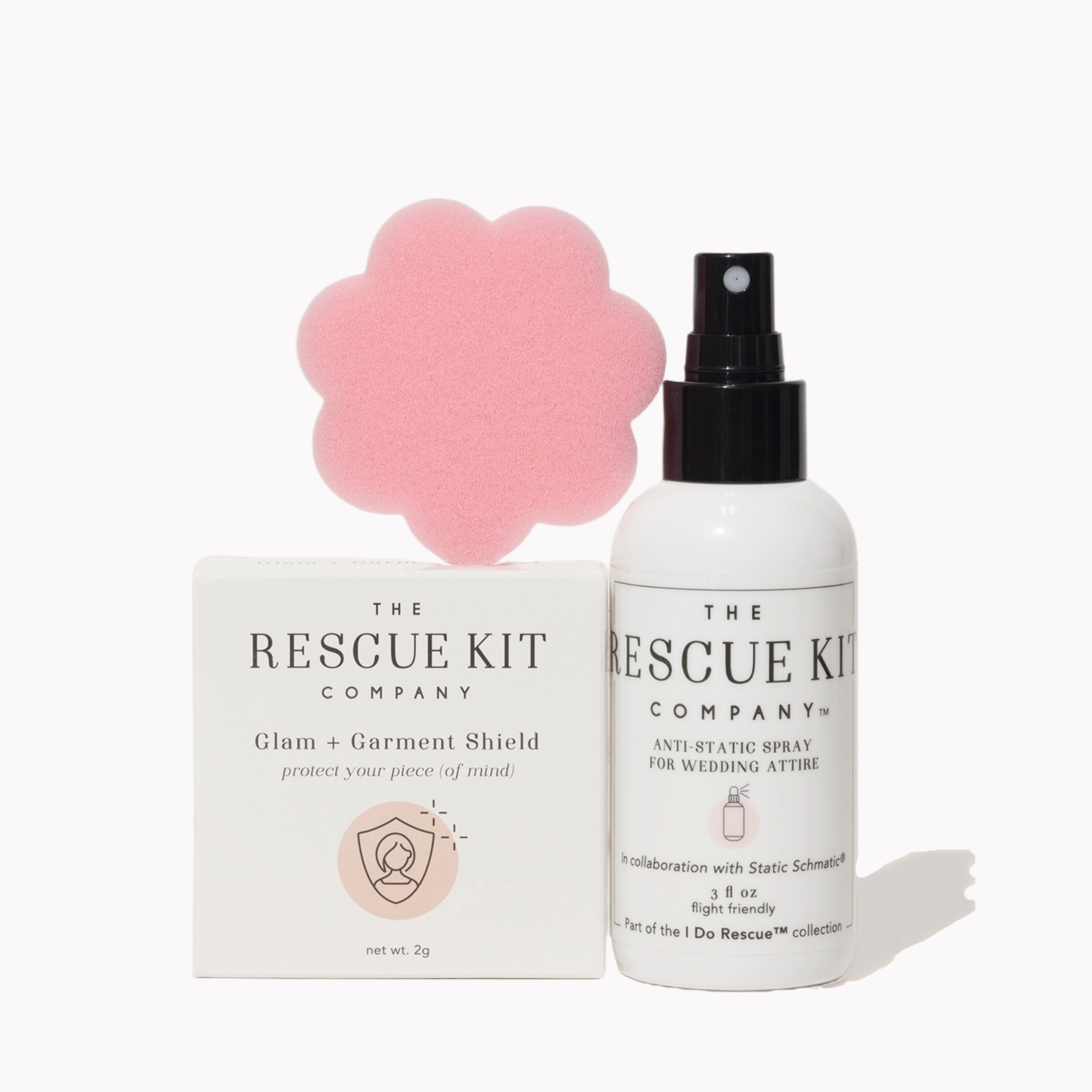 The Event Trio by The Rescue Kit Company, containing Anti-Static Spray,
pink Deodorant Removing Sponge, Glam + Garment Shield.