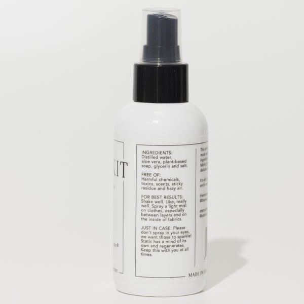 Close-up of the Rescue Kit Company Anti-Static Spray label showing ingredients, usage instructions, and product details—made with clean, fabric-safe ingredients.
