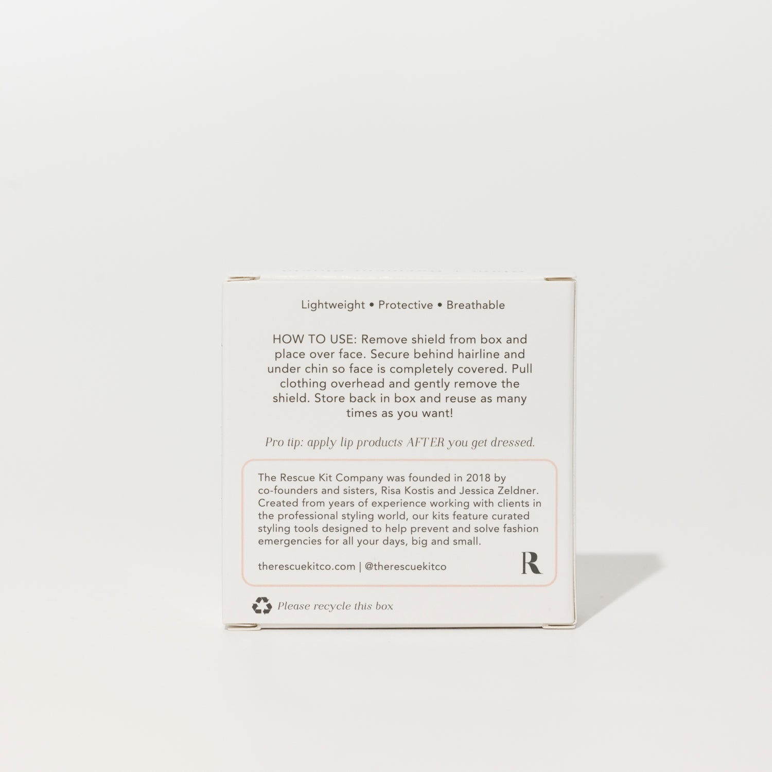 Exterior box of the Glam + Garment Shield by The Rescue Kit Company. Back of white box.