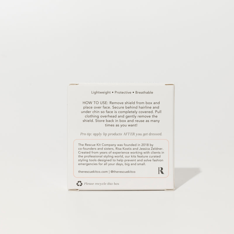 Exterior box of the Glam + Garment Shield by The Rescue Kit Company. Back of white box.