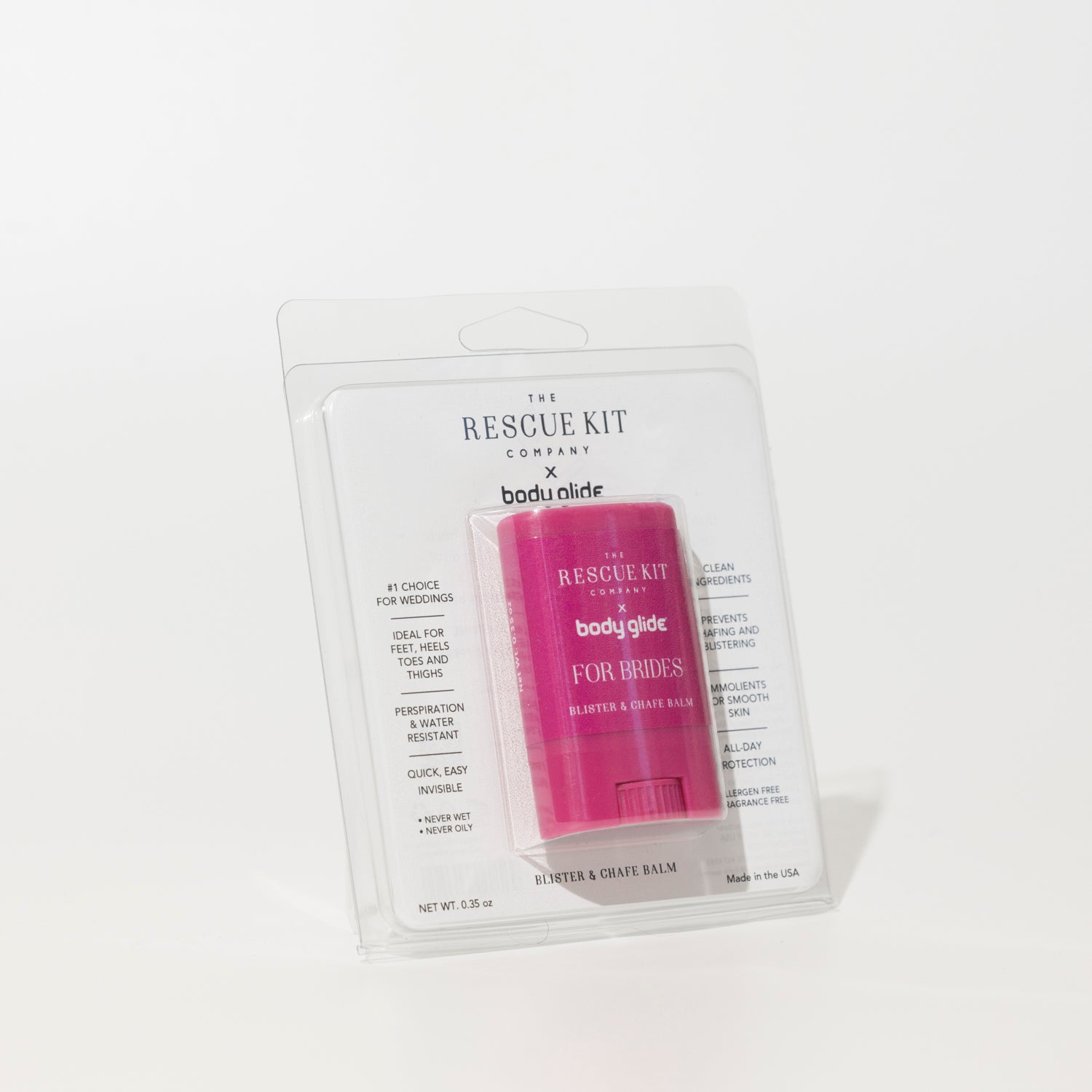 The Rescue Kit Company x Body Glide blister and chafe balm for brides, in a bright pink twist-up tube and white plastic packaging, designed to prevent discomfort on the big day.