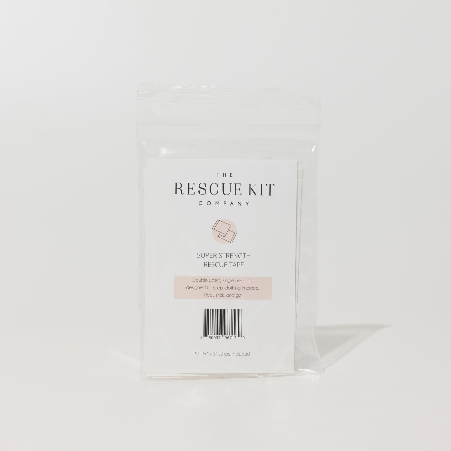The Rescue Kit Company Super Strength Rescue Tape packaging, featuring double-sided fashion tape strips designed to secure clothing in place discreetly.