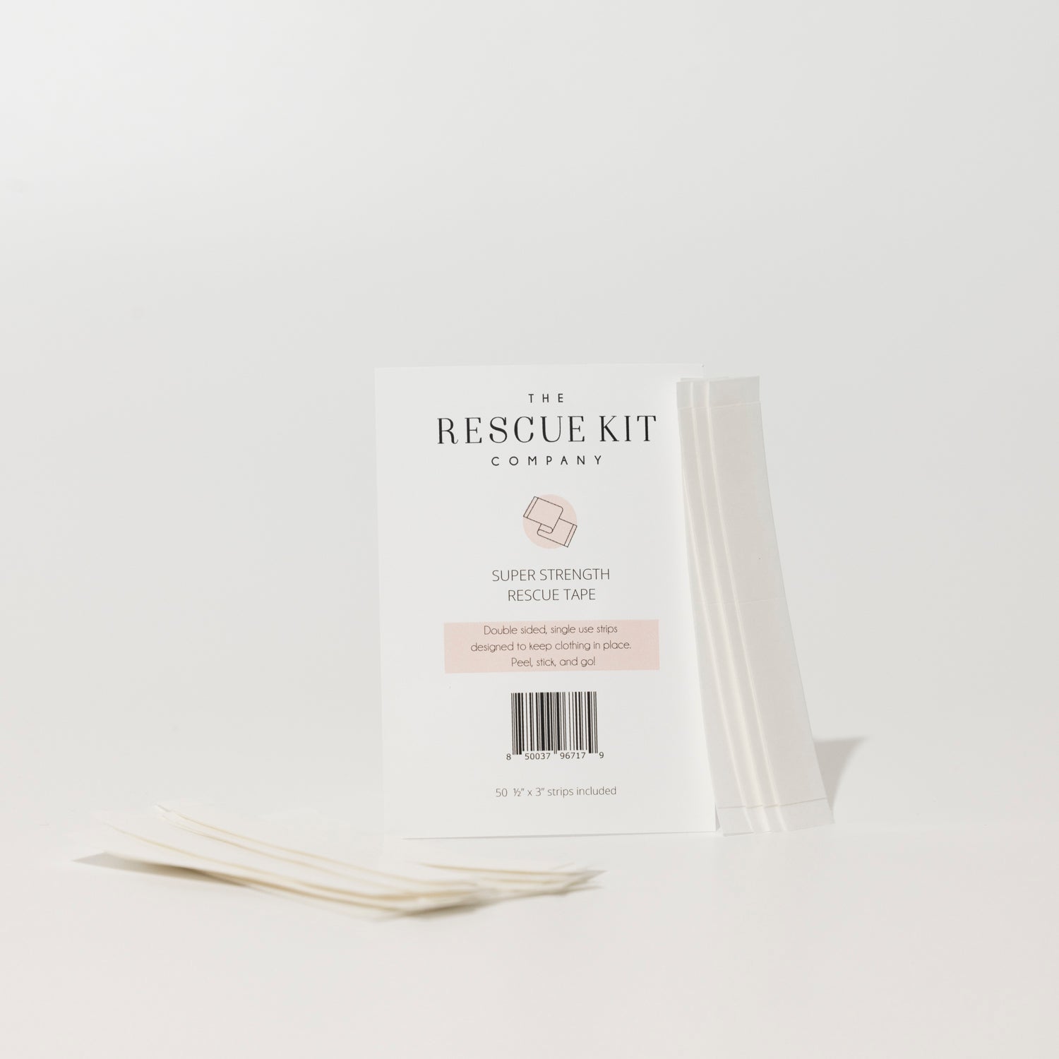 The Rescue Kit Company Super Strength Rescue Tape packaging, featuring double-sided fashion tape strips designed to secure clothing in place discreetly.