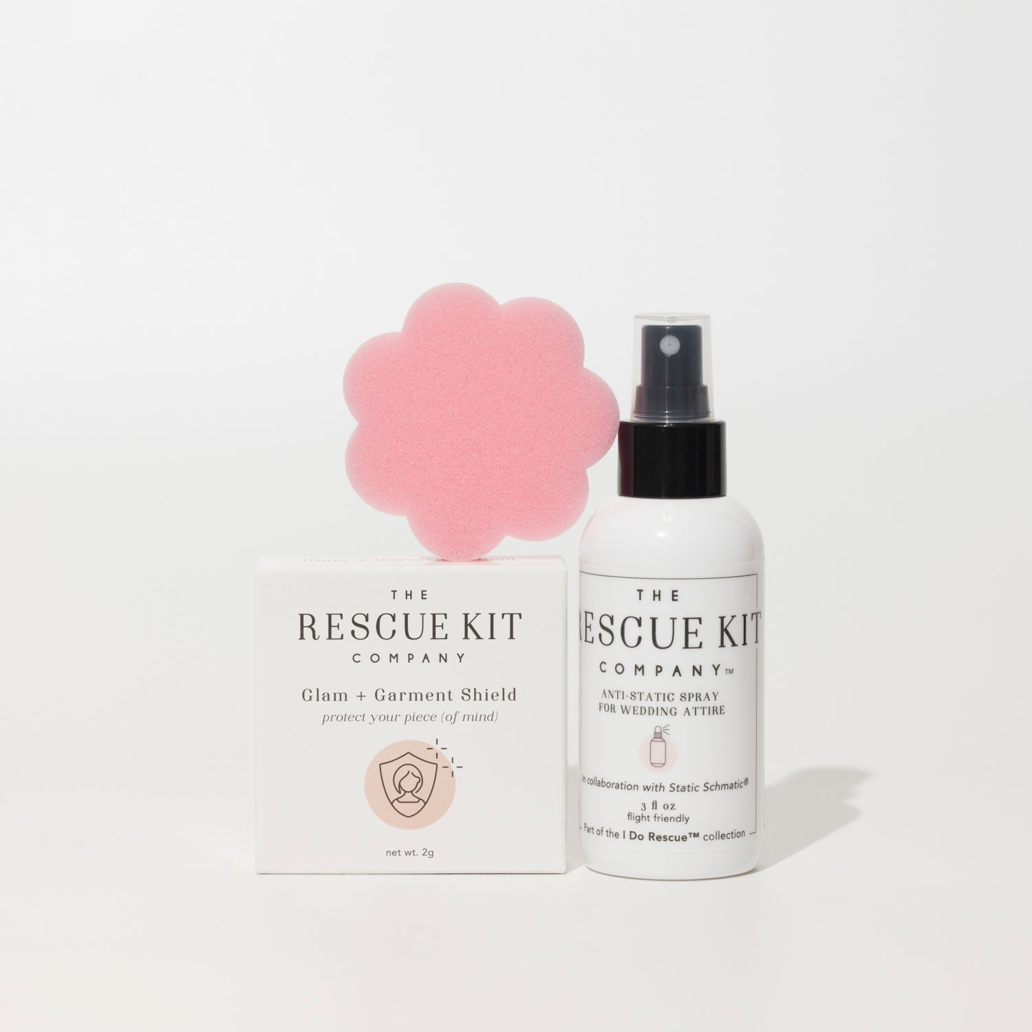 The Event Trio by The Rescue Kit Company, containing Anti-Static Spray,
pink Deodorant Removing Sponge, Glam + Garment Shield.