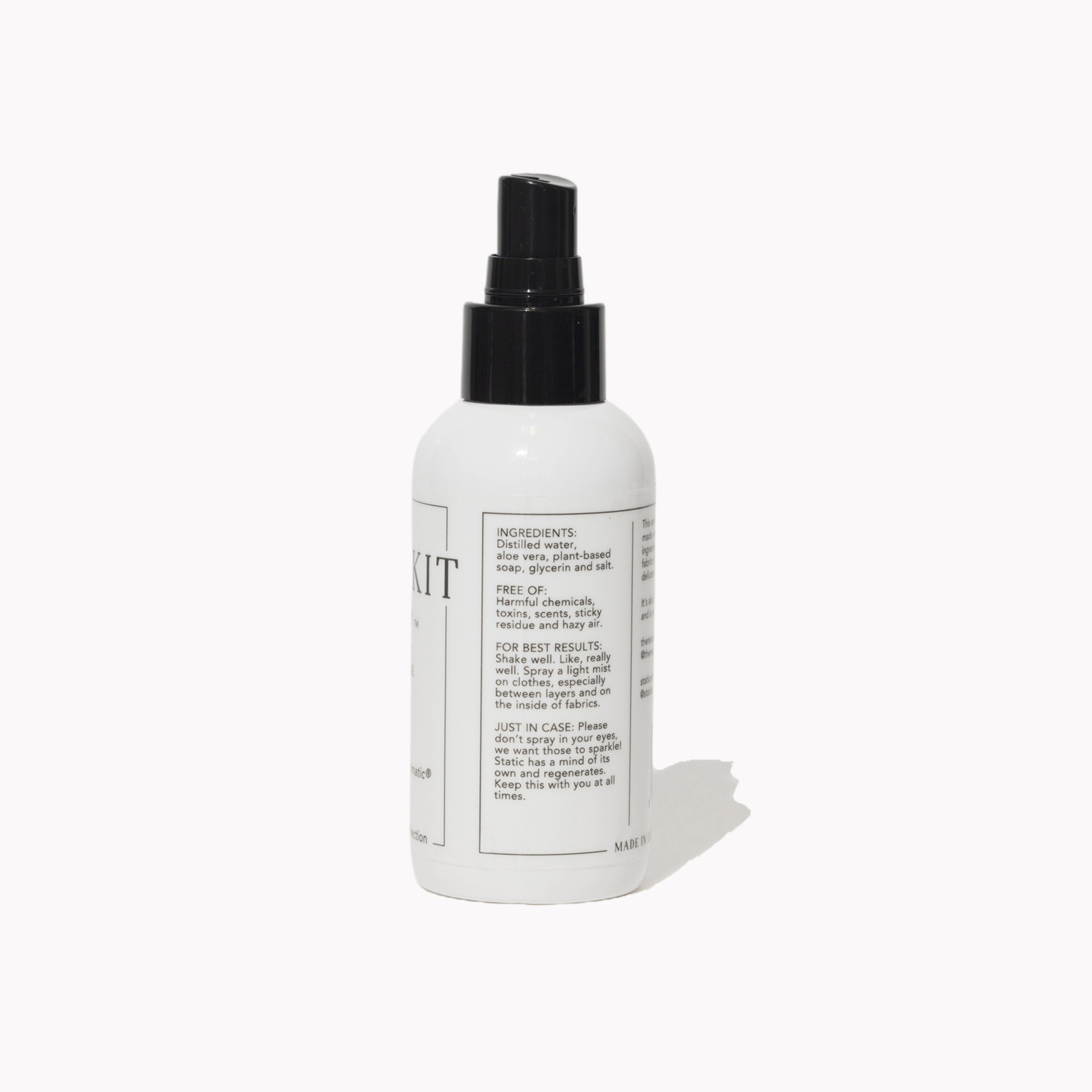 Close-up of the Rescue Kit Company Anti-Static Spray label showing ingredients, usage instructions, and product details—made with clean, fabric-safe ingredients.