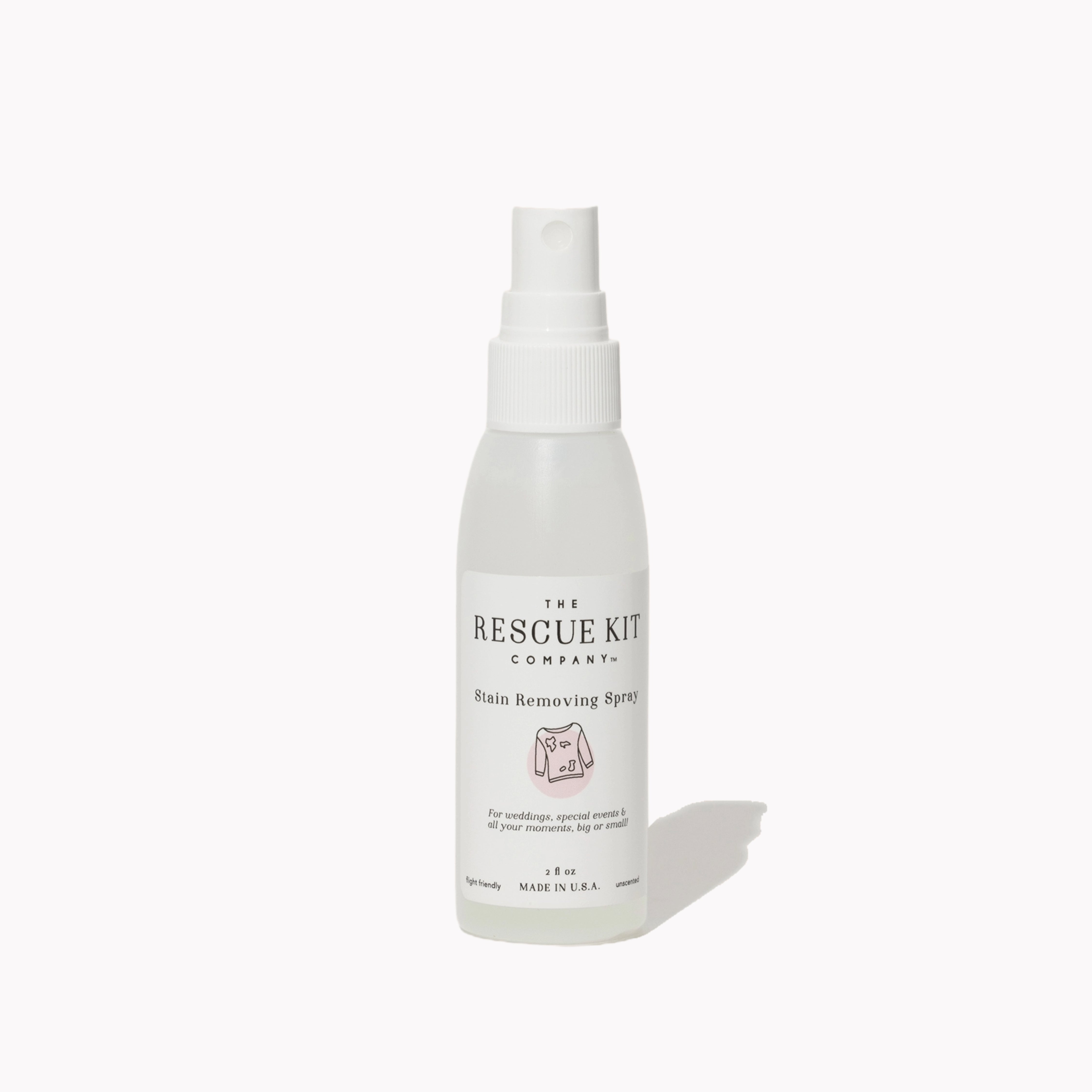 Stain Removing Spray by The Rescue Kit Company. Clear bottle, white cap