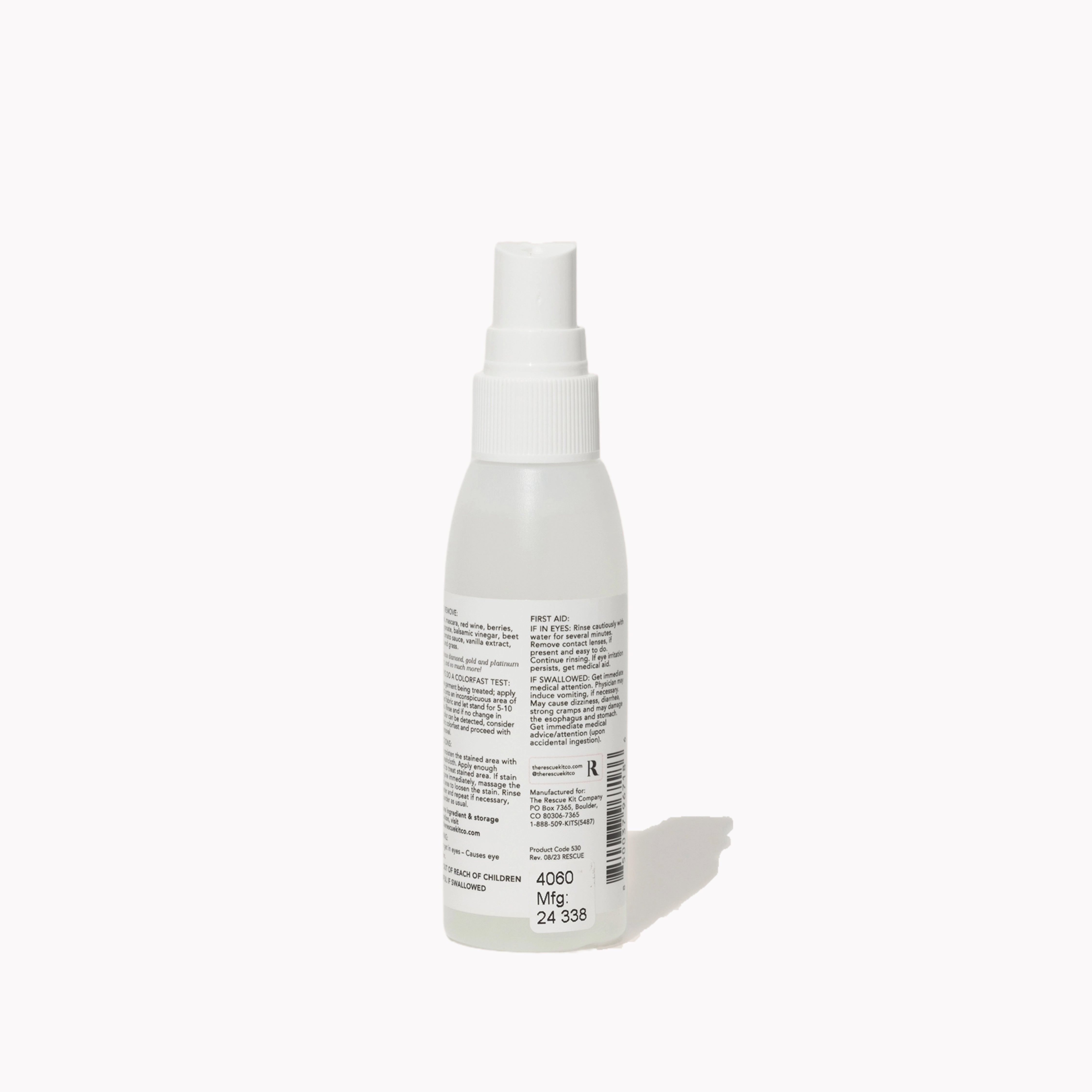 Stain Removing Spray by The Rescue Kit Company. Clear bottle, white cap