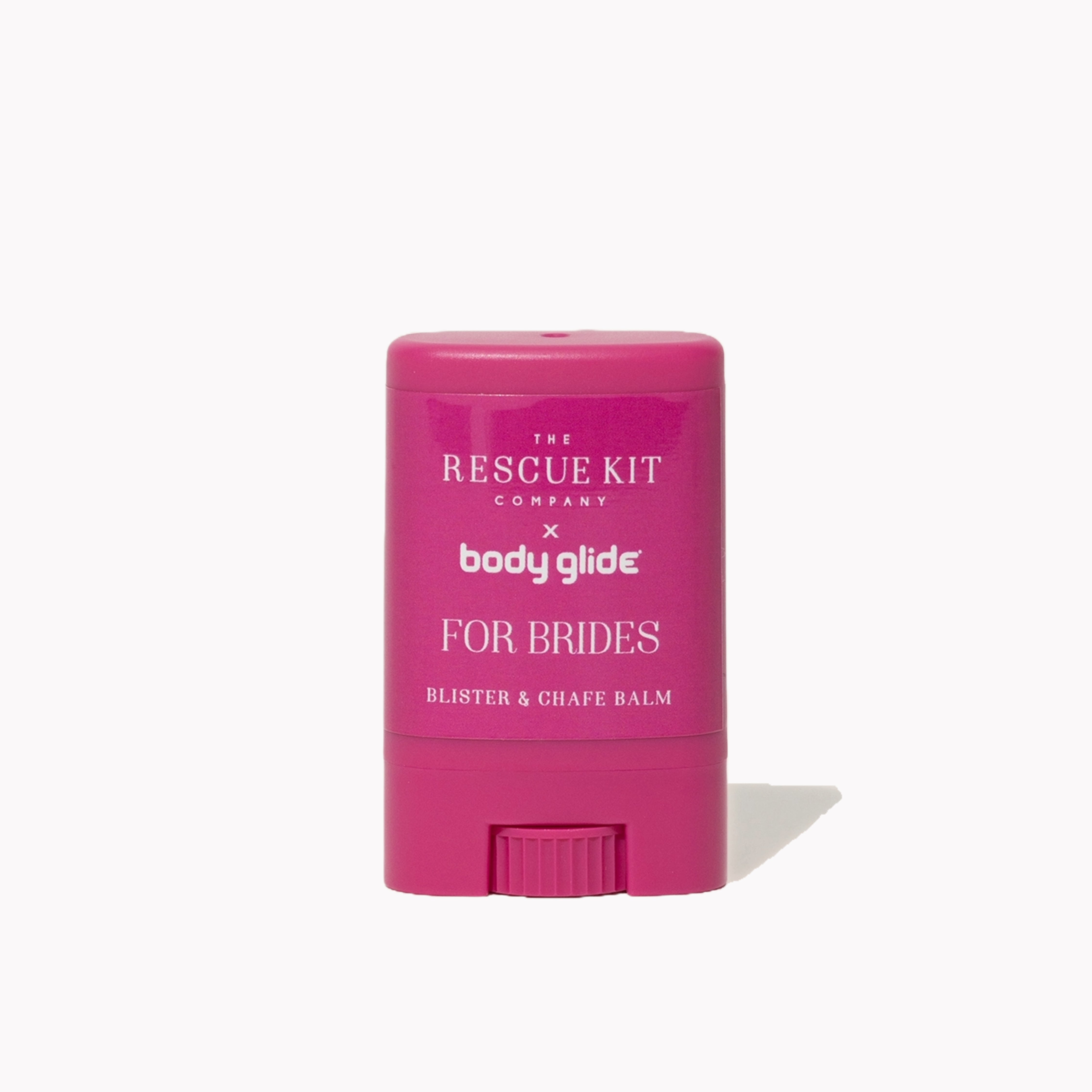 The Rescue Kit Company x Body Glide blister and chafe balm for brides, in a bright pink twist-up tube, designed to prevent discomfort on the big day.