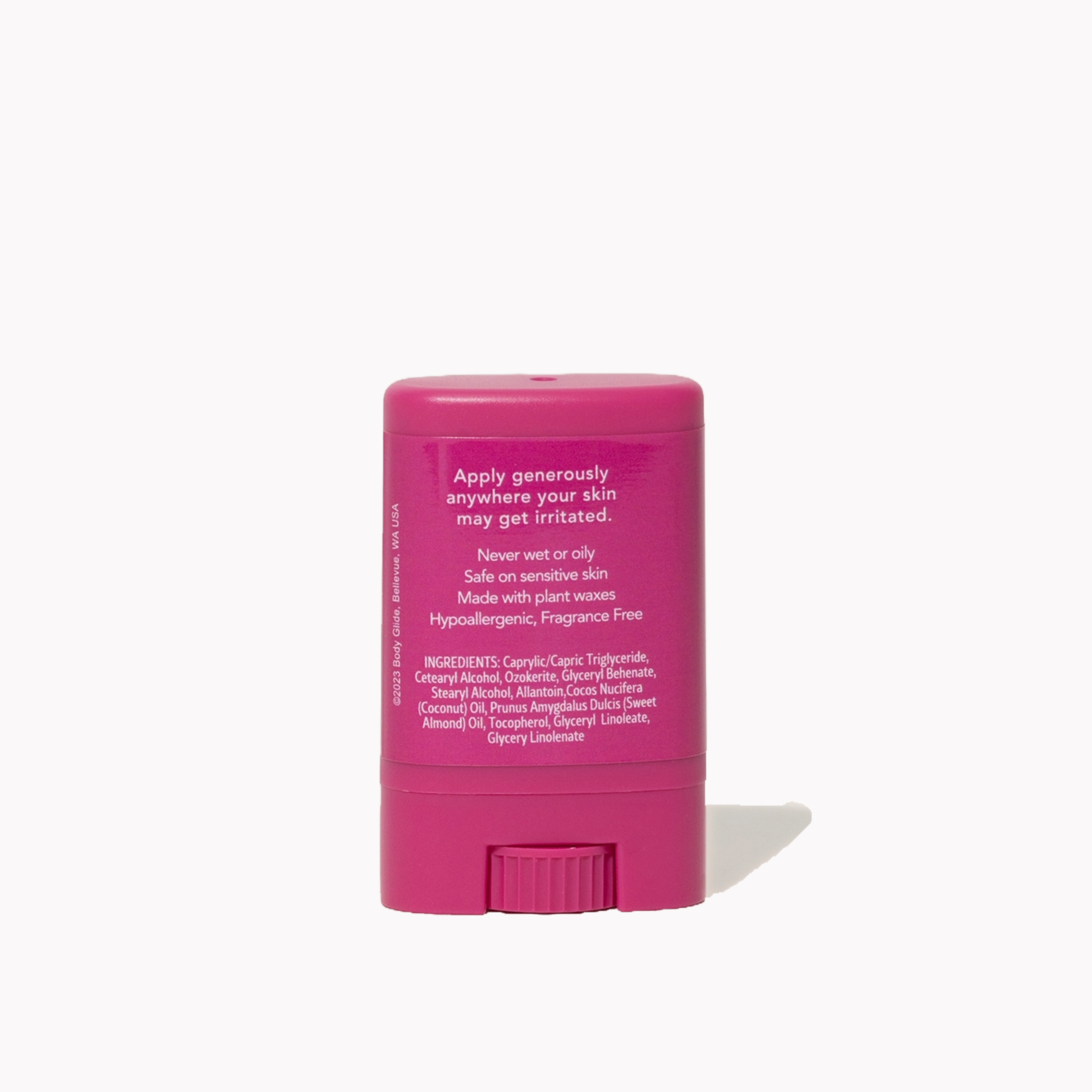 Pink stick of anti-chafe balm with text on a white background