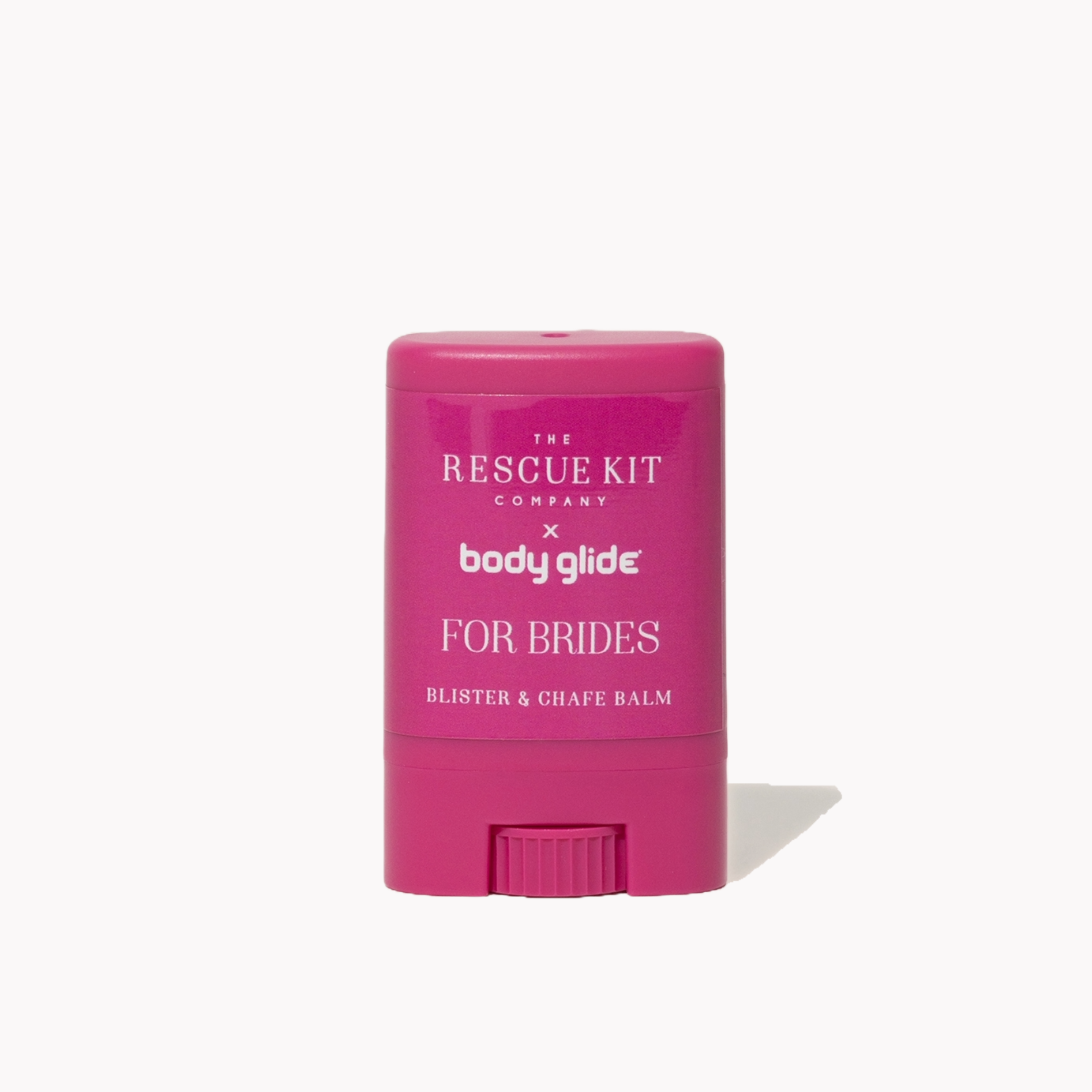Pink balm stick with 'The Rescue Kit Company' and 'bodyglide' branding on a white background