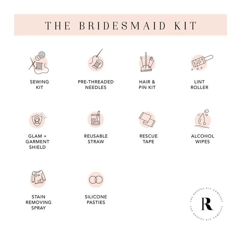 An icon and brief description of the styling tools included in The Wedding Party Kit by The Rescue Kit Company.