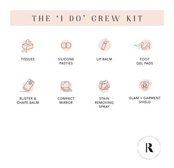 Contents of The ‘I Do’ Crew Kit displayed as icons, including tissues, silicone pasties, lip balm, foot gel pads, chafe balm, compact mirror, stain remover, and garment shield.








