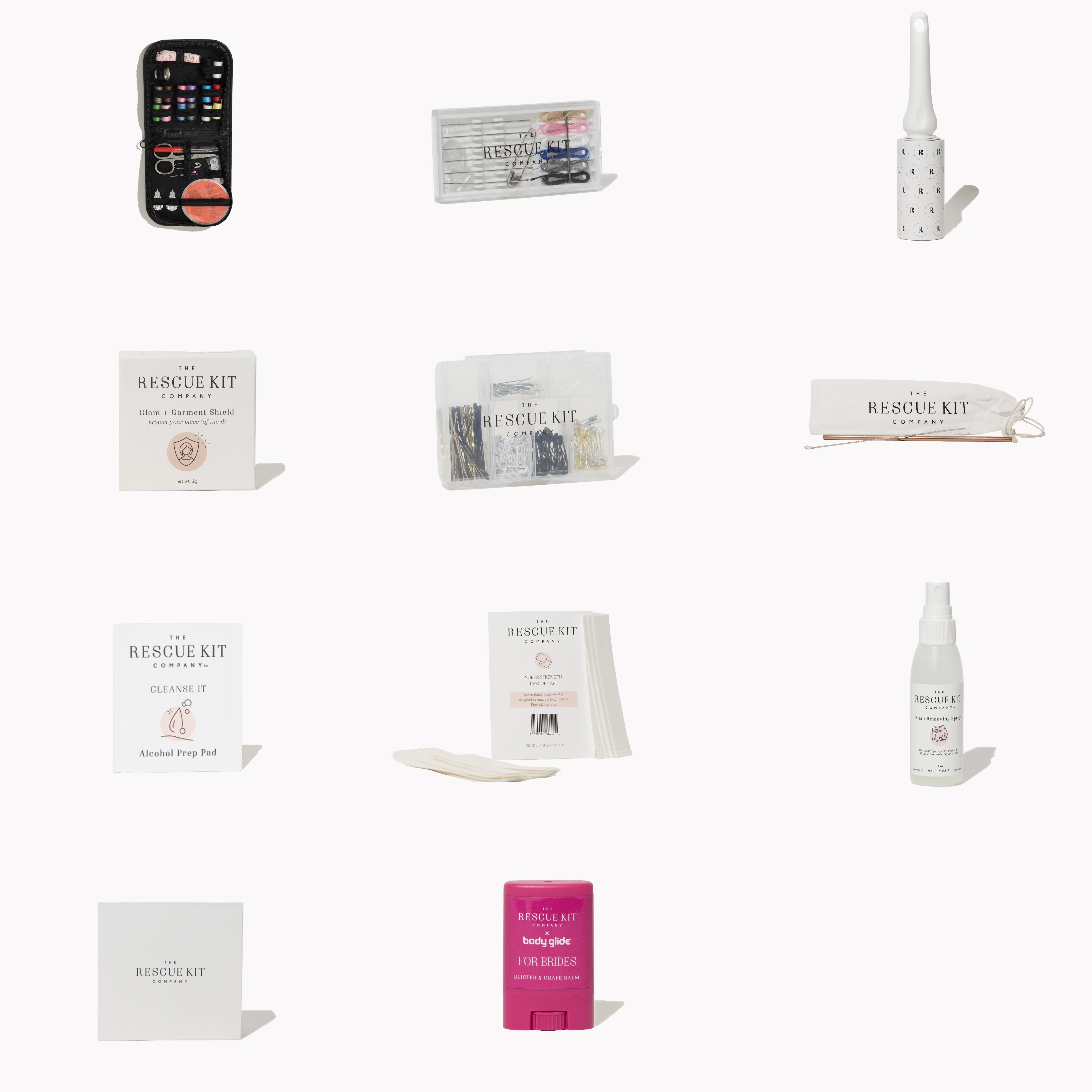 Contents of The Bridesmaid Kit shown as icons, including a sewing kit, pre-threaded needles, lint roller, silicone pasties, alcohol wipes, and other fashion fix essentials.
