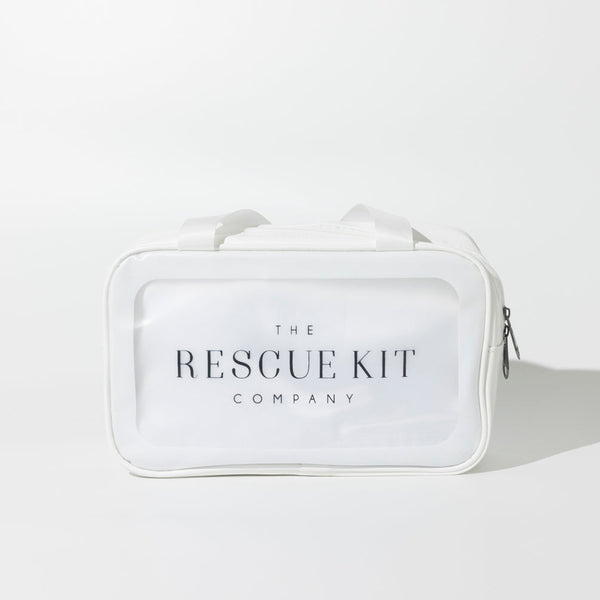 The Classic Bride Kit by The Rescue Kit Company in a white cosmetic bag with black logo.