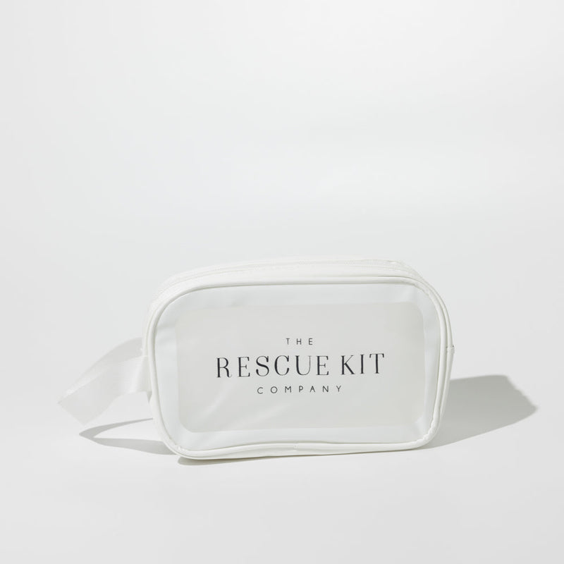 The Essential Bride Kit by The Rescue Kit Company, featuring a white cosmetic pouch with black logo.