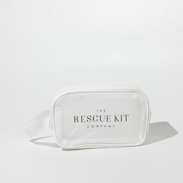 The 'I Do' Crew Kit by The Rescue Kit Company. White cosmetic bag with black logo.
