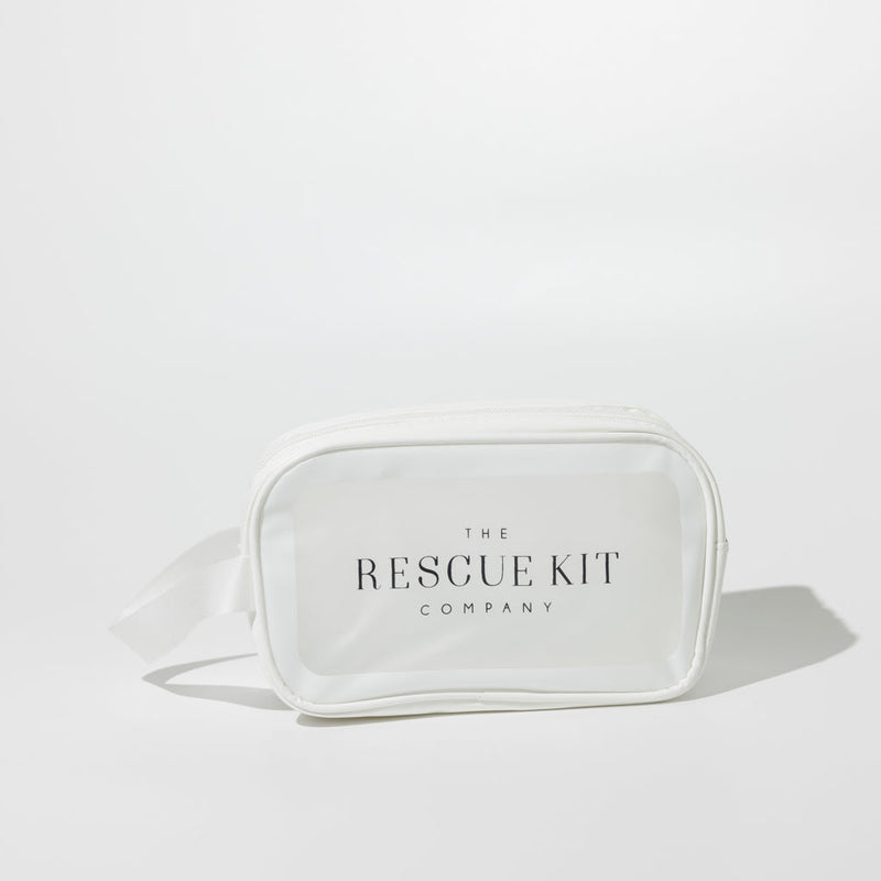 The 'I Do' Crew Kit by The Rescue Kit Company. White cosmetic bag with black logo.