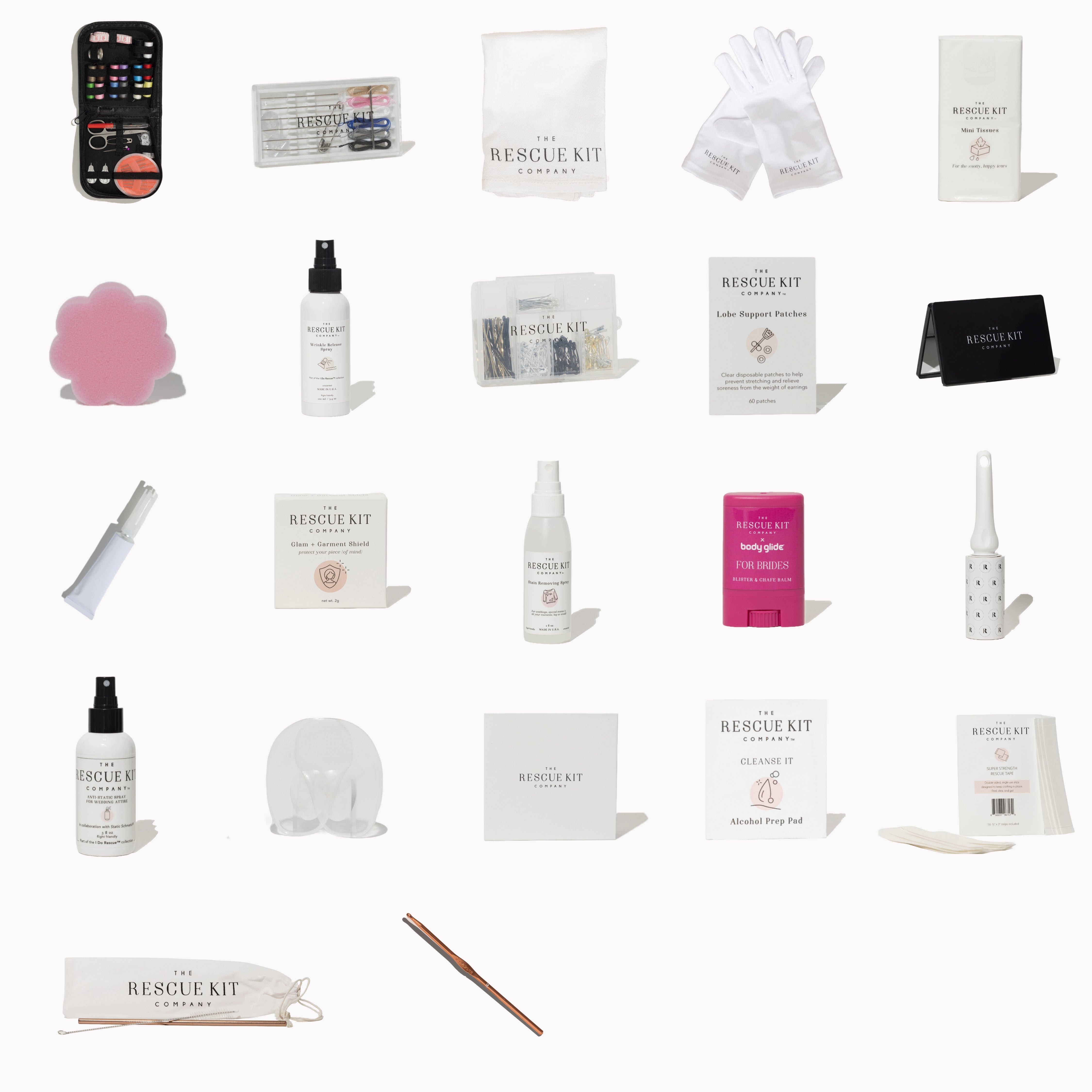 Contents of The Bride Kit by The Rescue Kit Company displayed as icons, including tools like fashion tape, sewing kit, wrinkle spray, blotting sponge, and more.