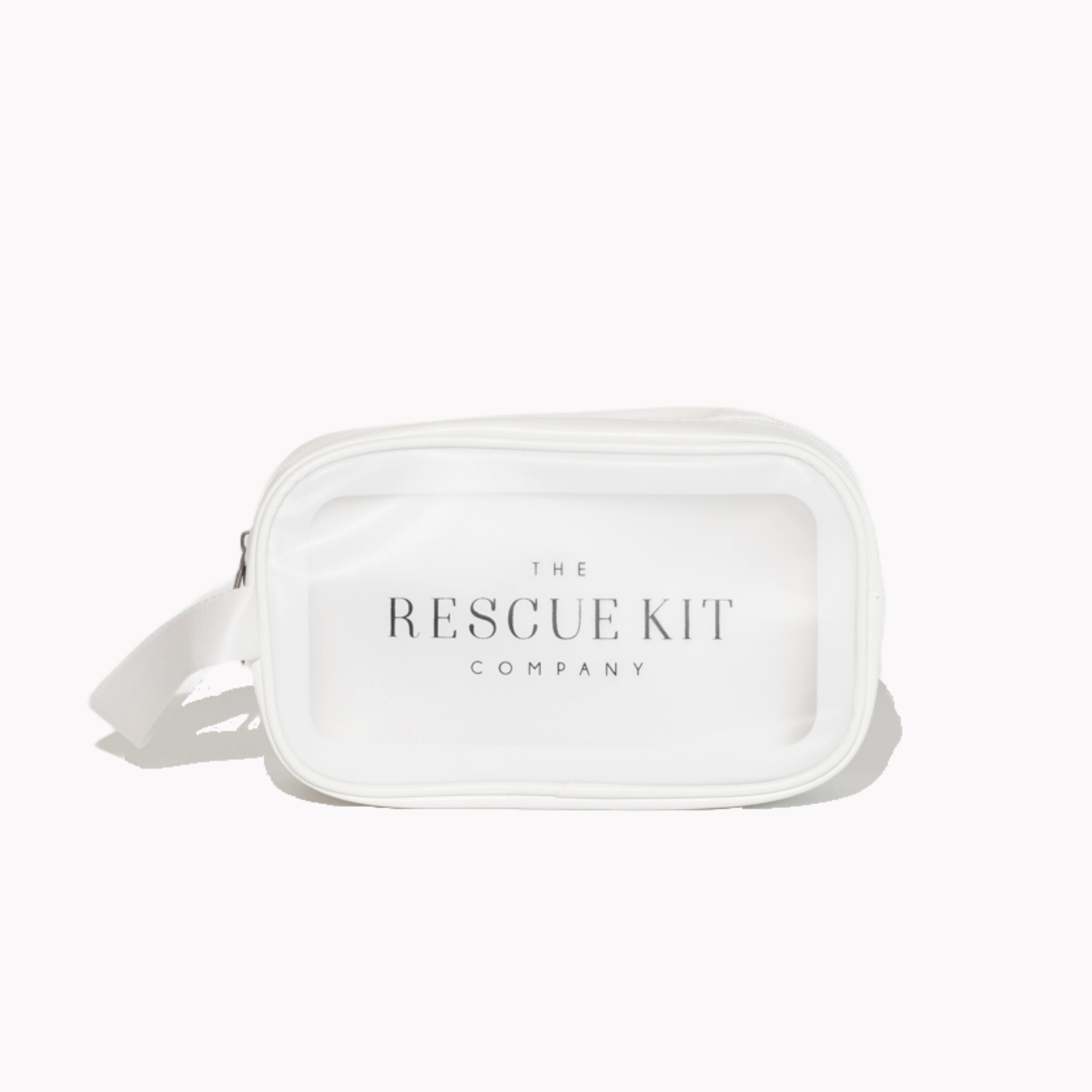 Transparent pouch with 'The Rescue Kit Company' branding on a white background
