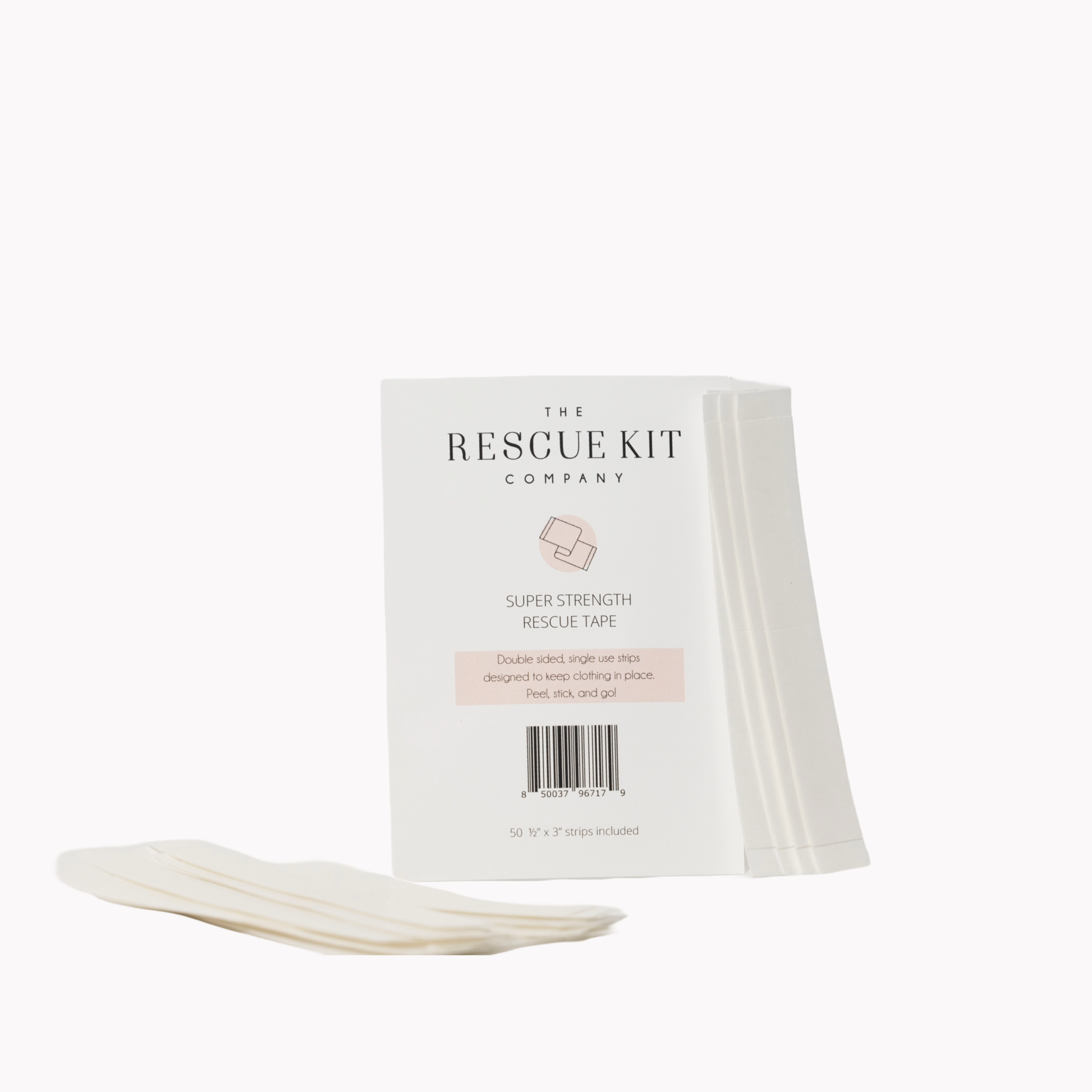 The Rescue Kit Company Super Strength Rescue Tape packaging, featuring double-sided fashion tape strips designed to secure clothing in place discreetly.