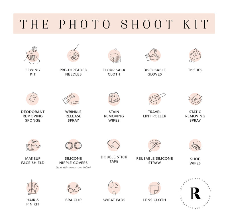An icon and brief description of the styling tools included in The Photo Shoot Kit by The Rescue Kit Company.